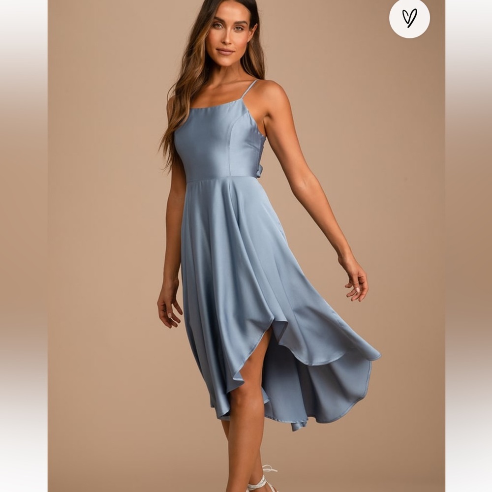 Lulu’s Light Blue Satin Asymmetrical Tie Back MIDI Dress